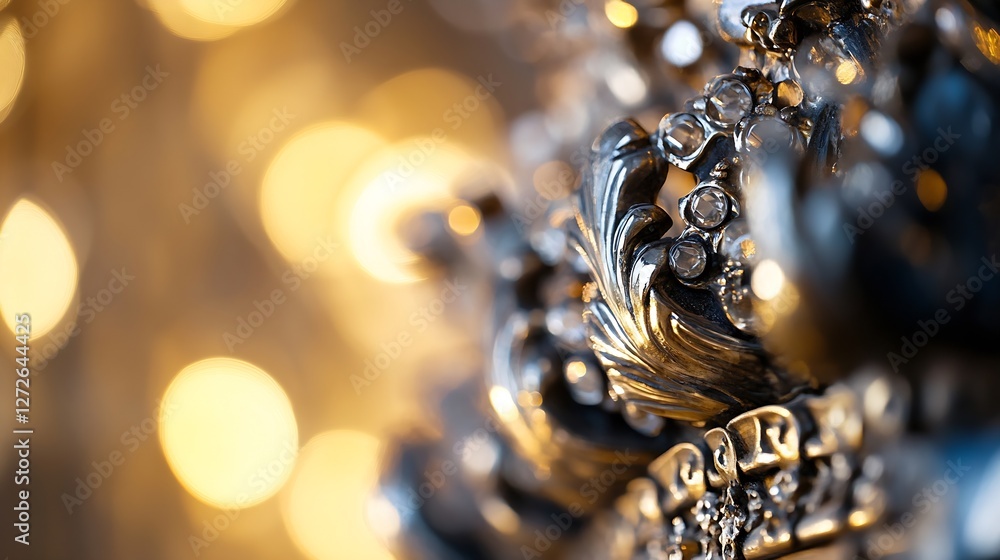 Aufkleber elegant close-up of vintage silver decoration with bokeh background and sparkling lights : generativ