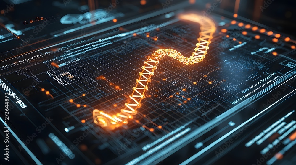 Fototapete glowing digital representation of a dna sequence displayed on a futuristic touchscreen interface the