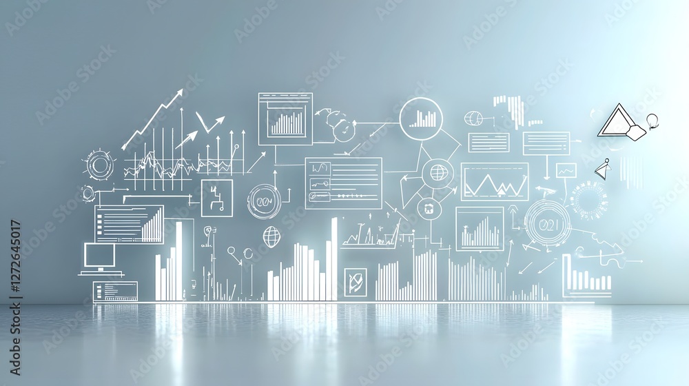 Poster Minimalist and abstract business infographic design with various chart graph data visualization elements and directional arrows  Concept of financial analysis market research