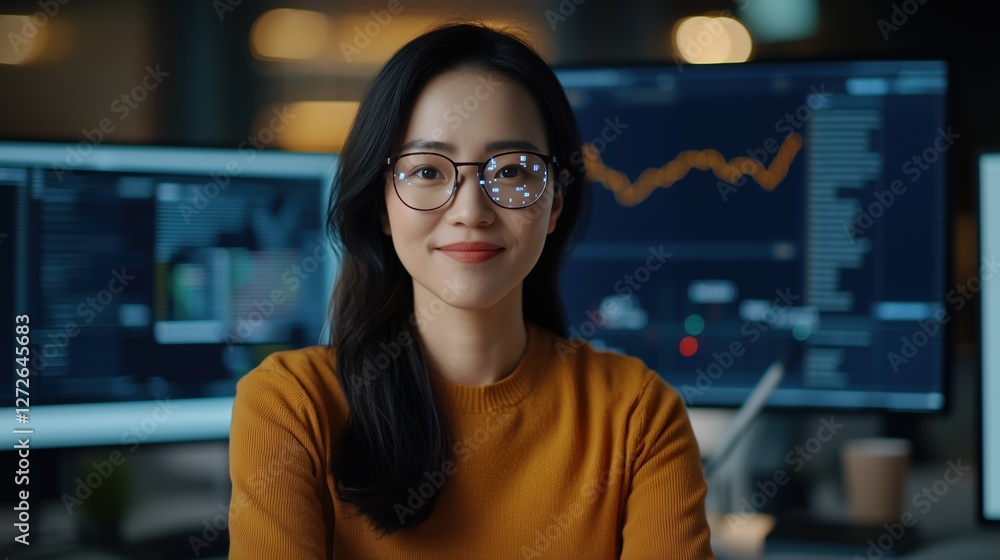 Poster professional woman analyzing financial data in modern workspace with charts and graphs displayed on 