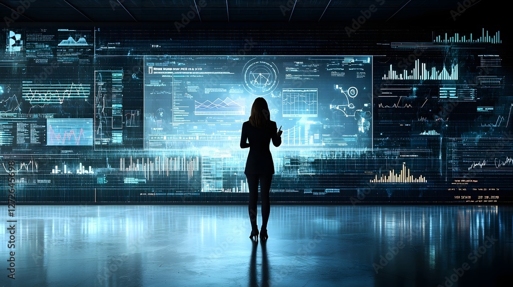 Fototapete silhouette of a businesswoman giving a high tech presentation with data charts graphs and analytics 