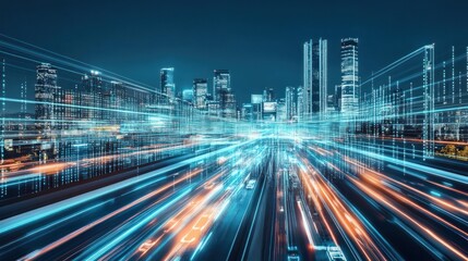 Fototapeta premium Futuristic Cityscape: Night Highway with Data Streams