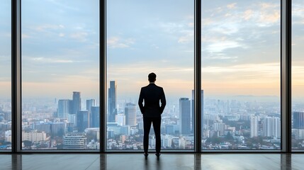 Fototapeta premium Silhouette of a businessman standing in front of a large window gazing out over the bustling cityscape as the sun rises symbolizing ambition leadership