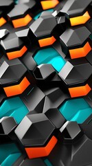 Futuristic hexagonal grid with vibrant orange and blue highlights, representing technology, connectivity, and digital networks with a sleek and modern aesthetic.

