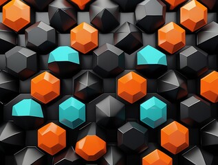 Futuristic hexagonal grid with vibrant orange and blue highlights, representing technology, connectivity, and digital networks with a sleek and modern aesthetic.

