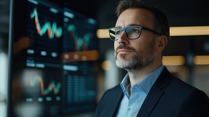 Business professional analyzing financial data and market trends in modern office with digital screens displaying stock charts and graphs