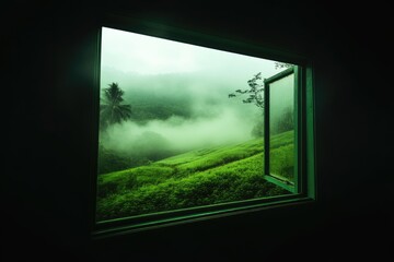 Serene Misty Landscape Viewed Through Open Window in Green Tropical Rainforest