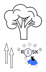 Tree represents growth, arrows indicate progress, person analyzing Risk with icons for key areas. Ideal for growth strategies, risk management, decision-making, sustainability, opportunity