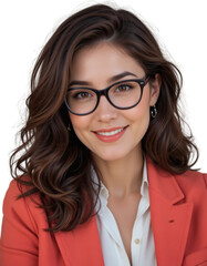 Obraz premium Confident Young Woman with Glasses Stylish Coral Blazer and Wavy Brunette Hair