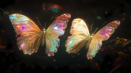 Captivating digital artwork featuring two luminous butterflies with iridescent wings against a dark backdrop. Magical Iridescent Butterflies. Illustration