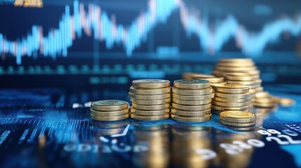 Low angle view of top of a stack of plain gold coins, representing the financial data of the country. The background is blue with white lines and numbers, representing stock market data 