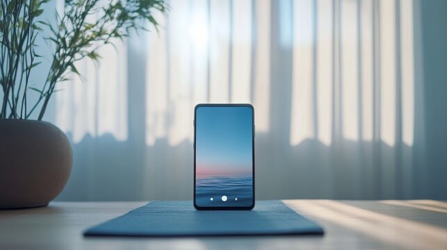 A smartphone displaying a meditation app with a calming interface. Featuring mindfulness and relaxation
