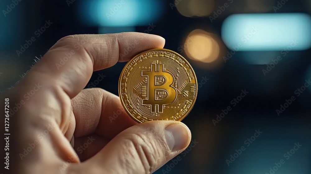 Poster close-up of a hand holding a bitcoin in a dimly lit environment with blurred backgrounds for financi
