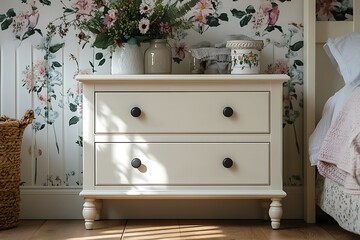 White shelf with vintage porcelain tableware
