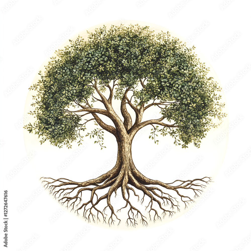 Poster a tree with roots and branches extending in a circular shape, symbolizing interconnected ecosystems