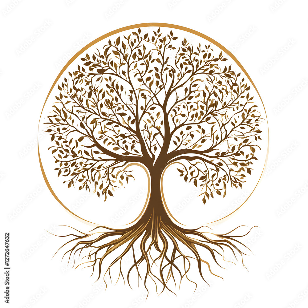 Poster a tree with roots and branches extending in a circular shape, symbolizing interconnected ecosystems