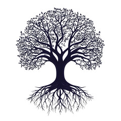 A tree with roots and branches extending in a circular shape, symbolizing interconnected ecosystems