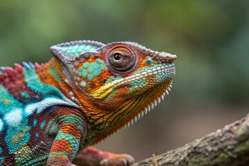 Fototapeta premium Vibrant Chameleon in the Wild: A close-up of a captivating chameleon, showcasing its extraordinary camouflage and mesmerizing eyes, perched gracefully on a branch, a symbol of nature's artistry.