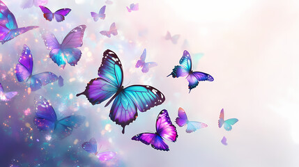 Ethereal monarch butterflies in iridescent purples and teals dance against a misty white backdrop, wings catching crystalline light. Magical Iridescent Butterflies. Illustration