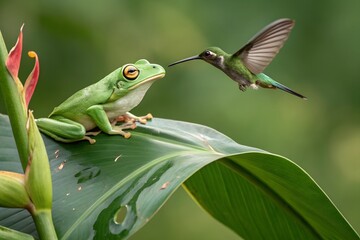 Fototapeta premium A Curious Encounter: A vibrant green tree frog perched on a leaf in a lush environment engages in a delicate dance with a hovering hummingbird, showcasing nature's intricate relationships.