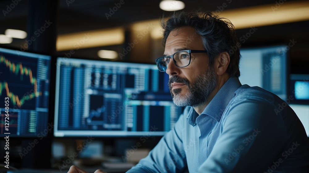 Poster professional man analyzing financial data on multiple monitors in a modern office environment with g
