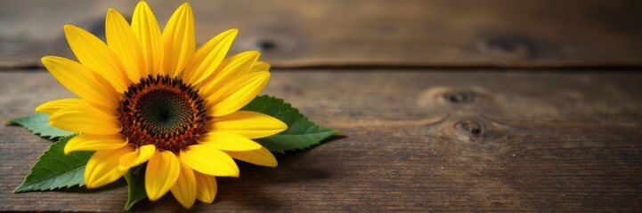 Obraz premium A single sunflower on a wooden table with a copy space, single bloom, wood table