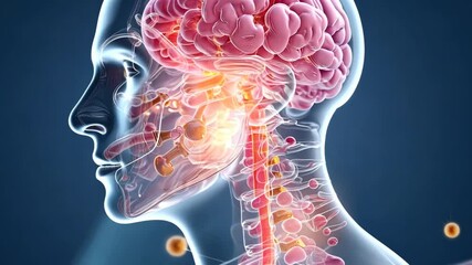 A transparent representation of a human skull reveals intricate details of the brain and spinal cord, surrounded by molecular structures in a laboratory-like setting - Powered by Adobe