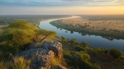 Obraz premium A Majestic Sunrise Overlooking a Serpentine River and Lush Savanna
