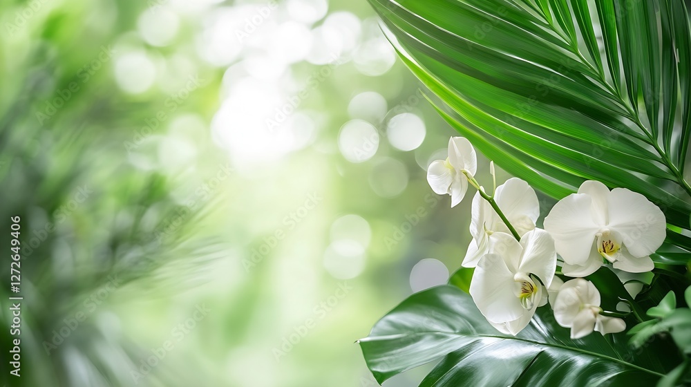 Poster delicate white orchids surrounded by lush green leaves creating a serene and fresh atmosphere : gene