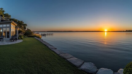 Serene Sunrise Over Tranquil Waterfront Oasis with Lush Greenery