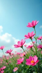 Fototapeta premium Aubrieta flowers in profusion against pale blue sky, peaceful, sky, flowers in bloom