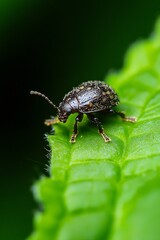Fototapeta premium Close Up of Natural Beetle Crawling on Leaf with Vibrant Green Background : Generative AI