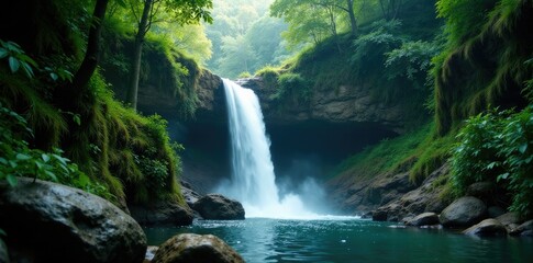 Fototapeta premium a waterfall cascades down a rocky slope in the jungle, slope, waterfall, geological