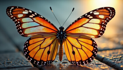 Fototapeta premium Orange Monarch Butterfly, Warm Tones, Detailed