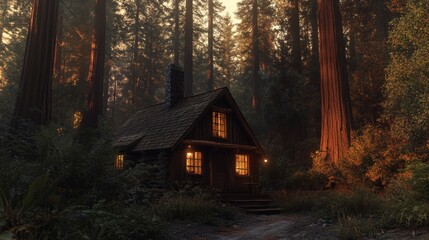 A Serene Cabin Surrounded by Majestic Redwoods in Golden Late Afternoon Light
