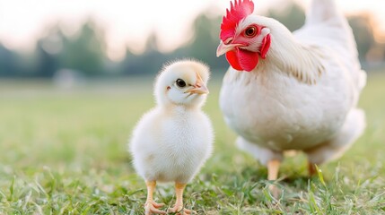 Mother hen and chick in a grassy field at dawn, potential use in nature, farm, or education materials