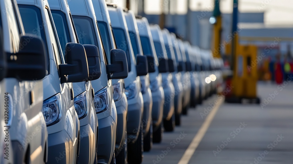 Poster line of dapper vans ready for delivery in urban industrial setting : generative ai