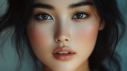 Fototapeta premium A stunning close-up of an Asian model’s face with a flawless matte foundation, smooth and even skin texture, soft diffused lighting creating a refined glow, minimalistic background,