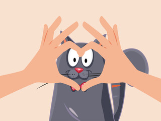 Cat Person Loving Her Pet Making Heartfelt Gesture Vector Cartoon Illustration . Animal Enthusiast Cherishing Her Feline Companion Through a Touching Act of Affection 
