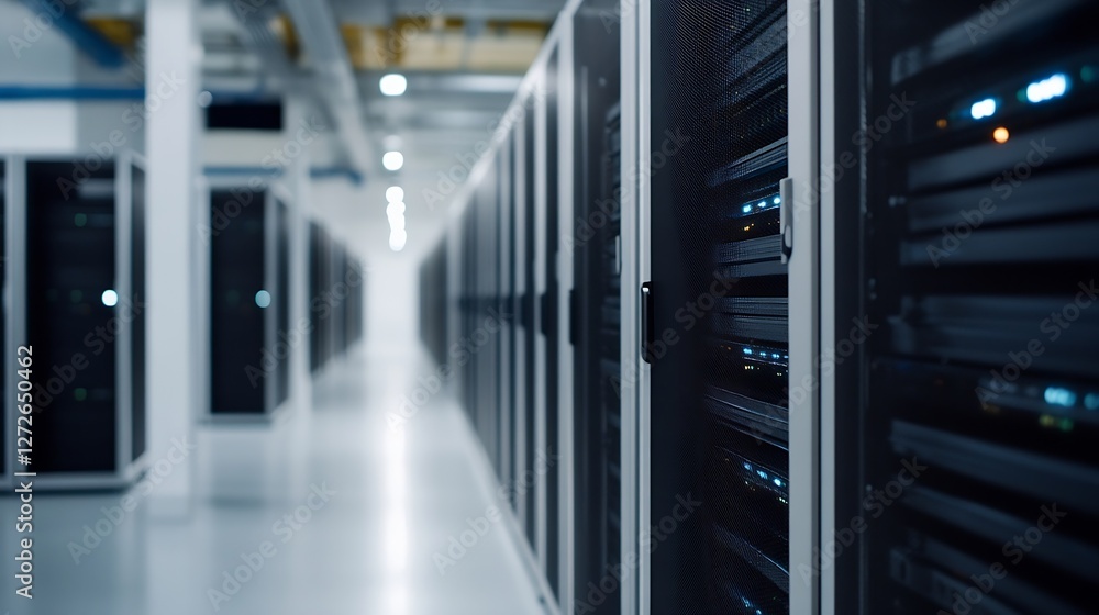 Fototapete high-tech data center filled with server racks illuminating the modern storage space : generative ai
