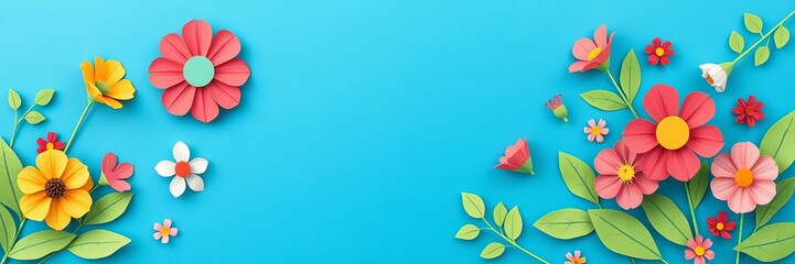 Obraz premium Colorful paper cut flowers in circular arrangement on blue background with green leaves, empty space, garden bouquet illustration, bouquet, paper cut, colorful