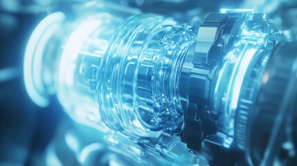 A Close-Up of a Gleaming Engine Component Illuminated by Ethereal Blue Light