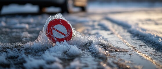 A Glimpse of Warning: Red Emblem Surrounded by Ice and Tire Tracks