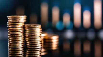 stack of golden coins neatly arranged on a reflective surface, with a growing bar chart in the blurred background. The image symbolizes financial success, investment growth, and economic stability.