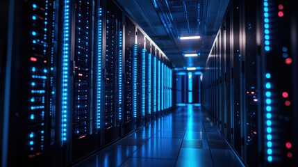 Fototapeta premium High-tech data center with glowing blue server racks in a futuristic corridor. Ideal for technology, cybersecurity, cloud computing, and IT infrastructure visuals