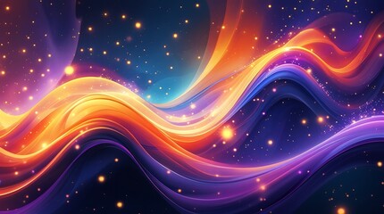 Vibrant abstract digital artwork with swirling, fluid light trails in shades of orange, purple, and blue, creating a dynamic energy flow with glowing particles and motion effects.

