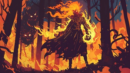 mysterious man with fire power, his whole body is made of fire, colorful anime style