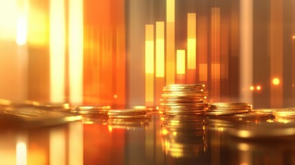 stack of golden coins neatly arranged on a reflective surface, with a growing bar chart in the blurred background. The image symbolizes financial success, investment growth, and economic stability.