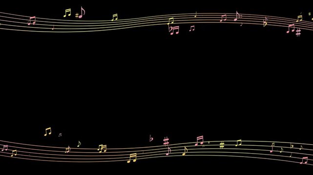 画面の上下を音楽の五線譜と音符が横に流れていくアルファチャンネル付き素材、赤黄色ベースの色味 
Material with alpha channel with music staves and notes flowing horizontally up and down the screen, red-yellow base coloring