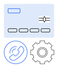 Credit card with electronic chip, circular phone ringing icon, and gear wheel symbol. Ideal for banking, tech support, e-commerce, payment systems, customer care, automation abstract line flat
